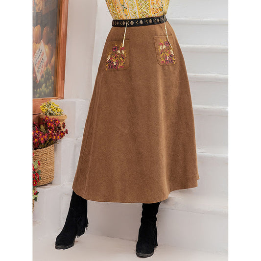 Plus Size Embroidered Pocketed High Waist Skirt