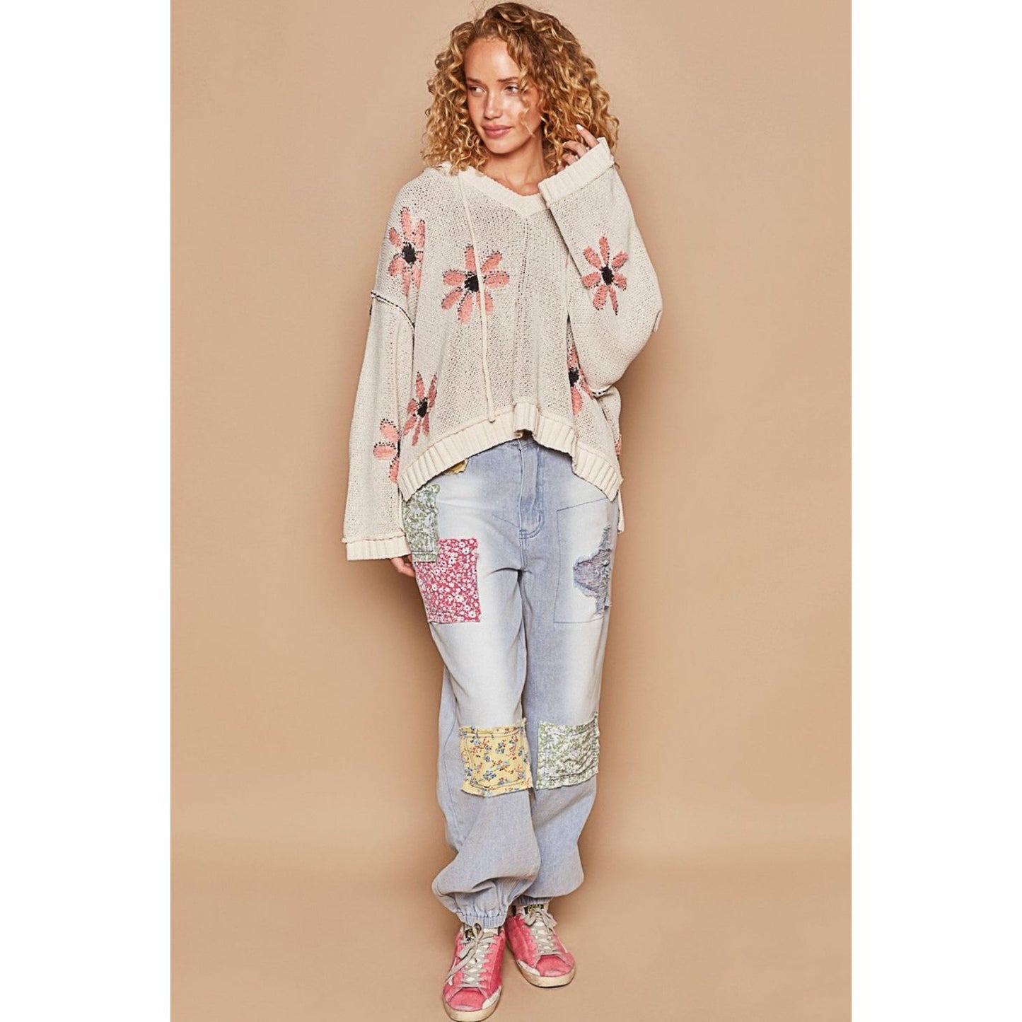 POL Floral Pattern Hooded High-Low Sweater