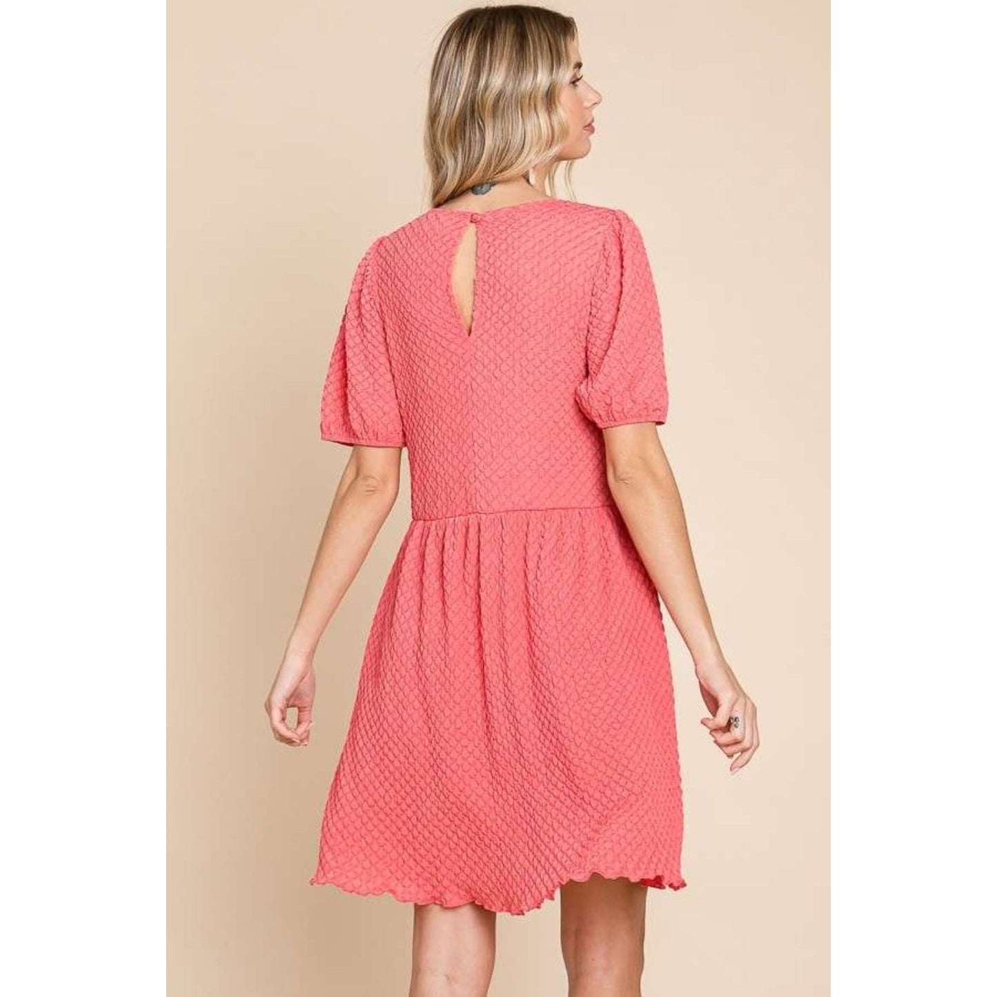 Culture Code Full Size Textured Round Neck Puff Sleeve Dress