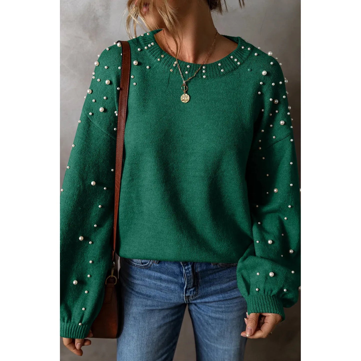 Pearl Detail Round Neck Long Sleeve Sweater