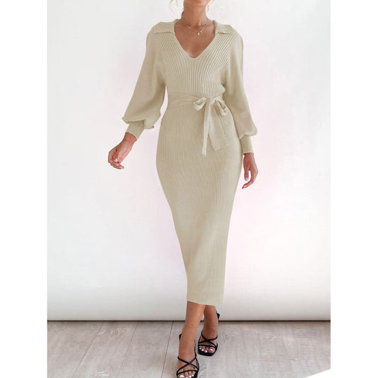 Perfee Tied Long Sleeve Wrap Sweater Dress