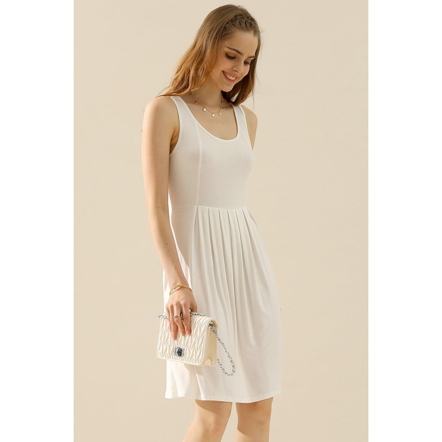 Doublju Full Size Round Neck Ruched Sleeveless Dress with Pockets