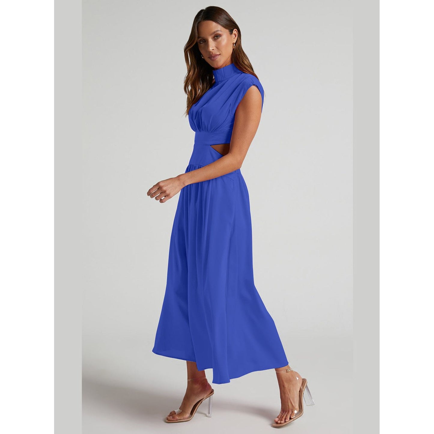 Cutout Mock Neck Sleeveless Ruched Dress