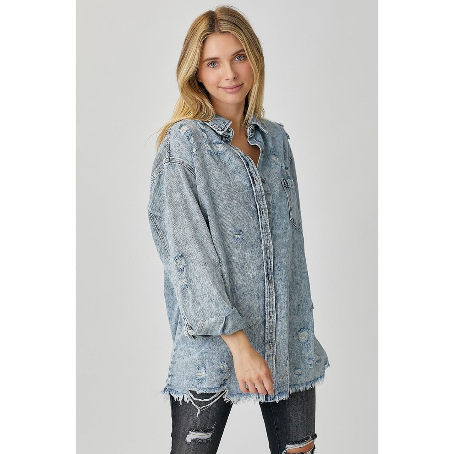 RISEN Distressed Raw Hem Denim Shirt