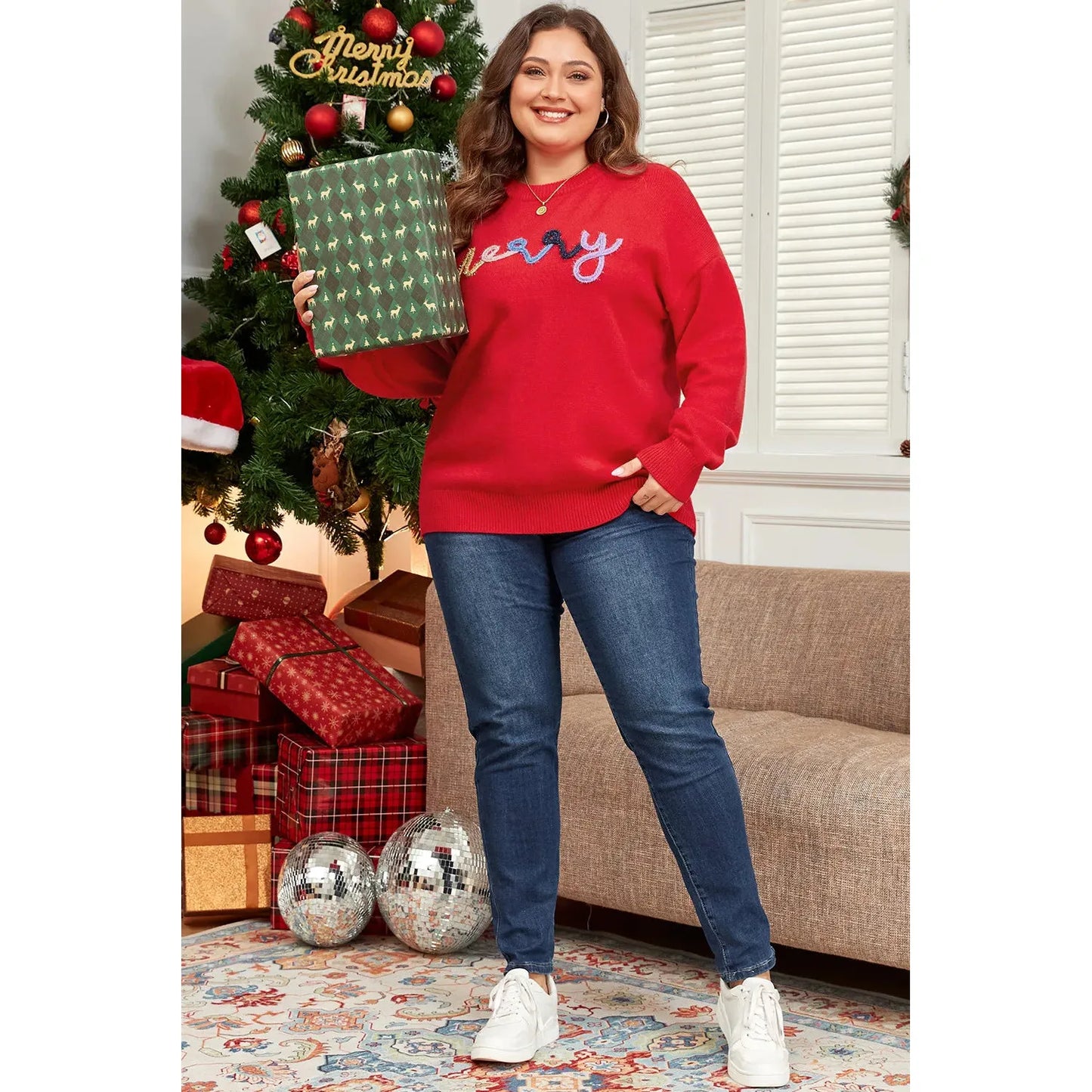 Plus Size MERRY Round Neck Long Sleeve Sweater