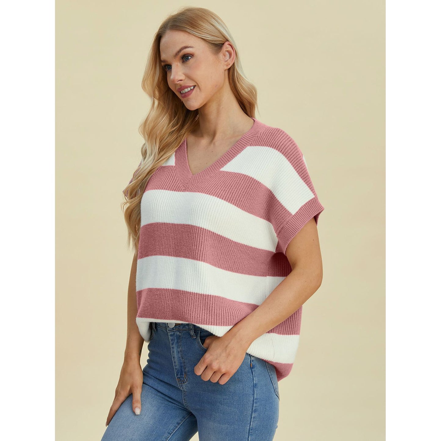 Double Take Full Size Striped V-Neck Short Sleeve Sweater