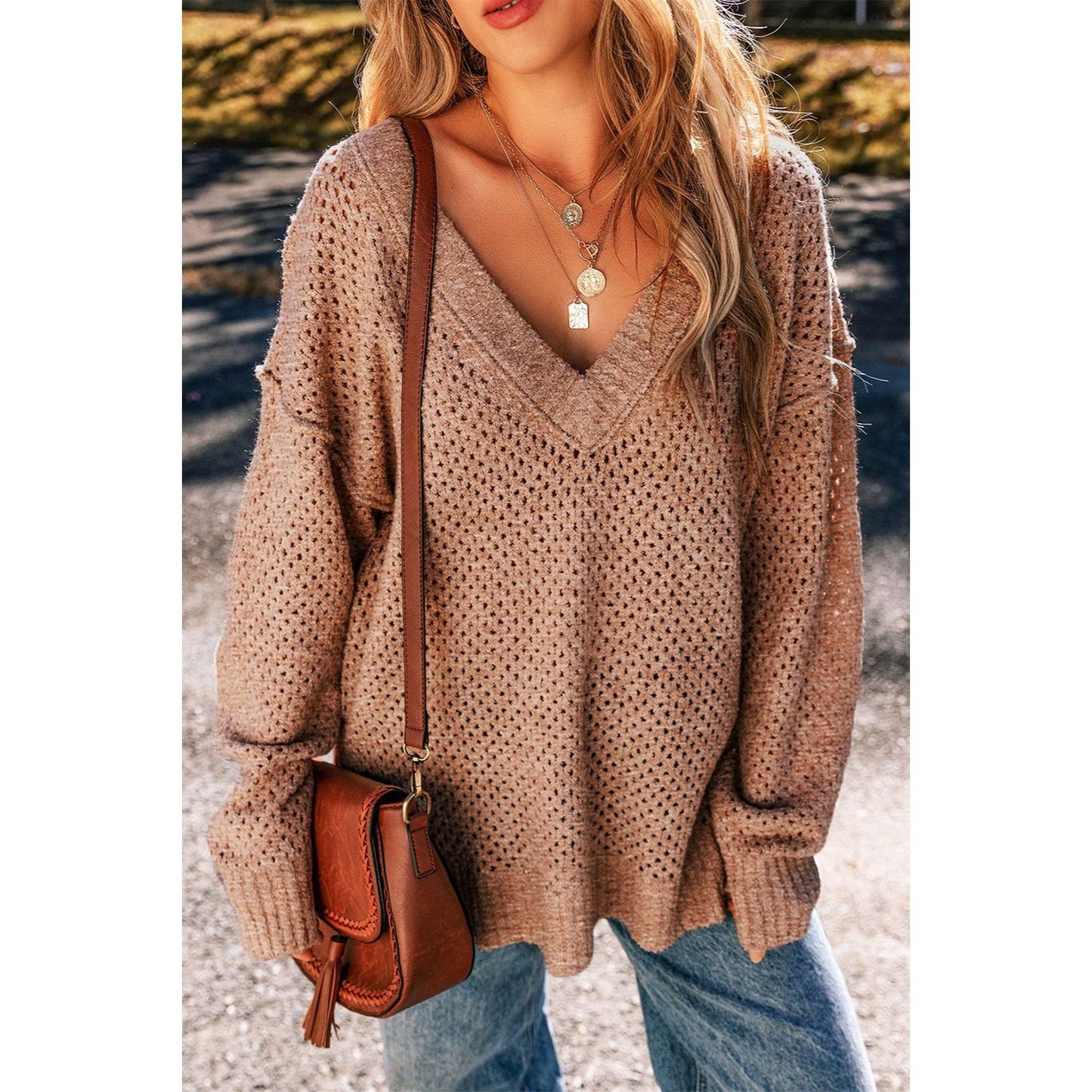 Openwork V-Neck Dropped Shoulder Sweater