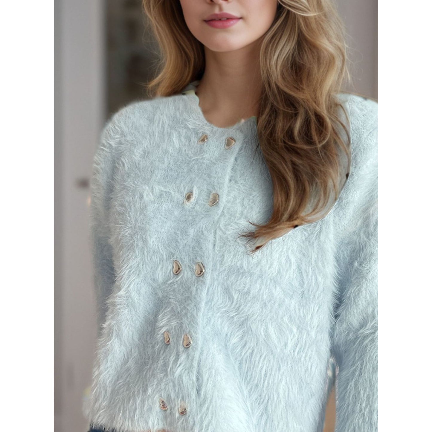 Heart Button Round Neck Cardigan