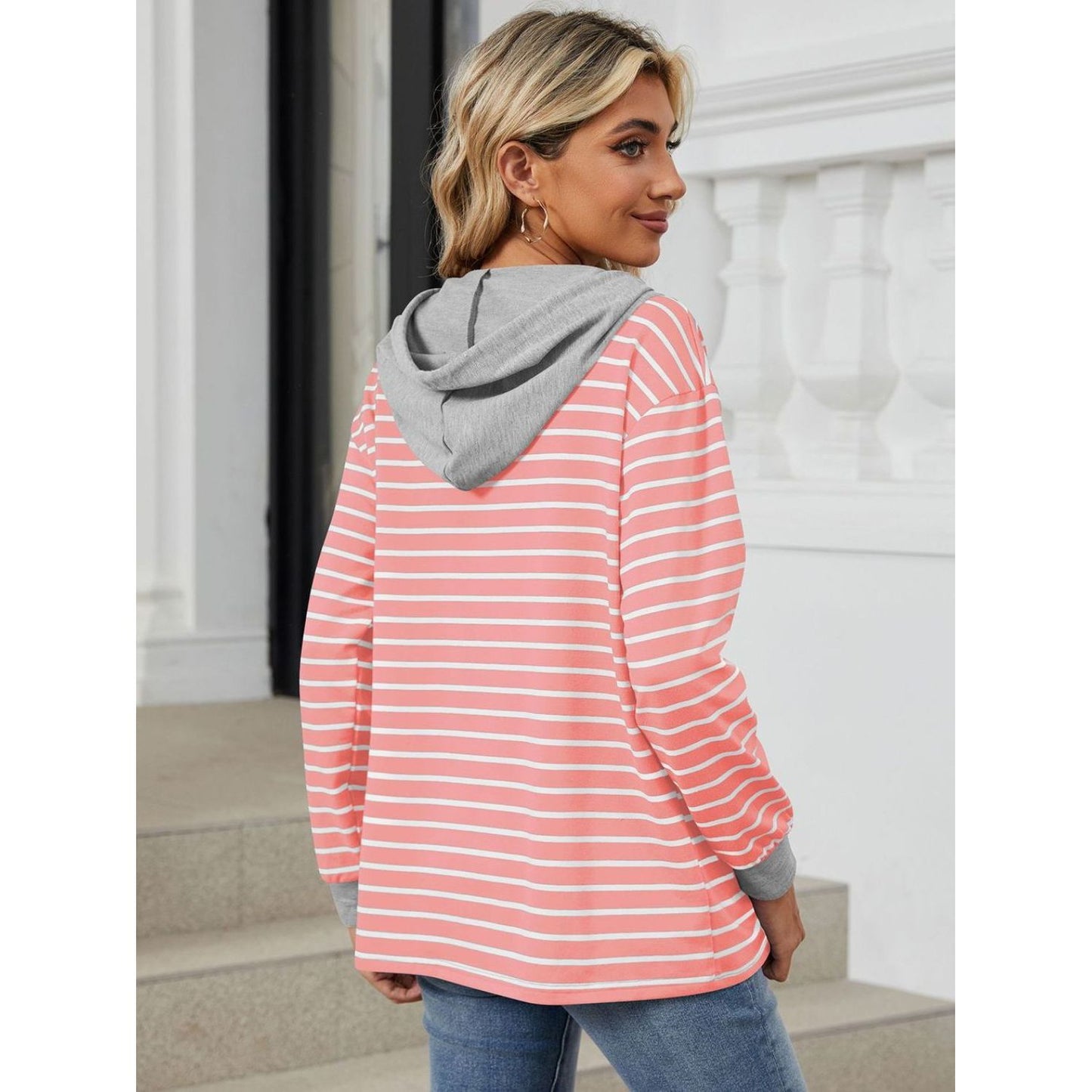 Drawstring Striped Long Sleeve Hoodie