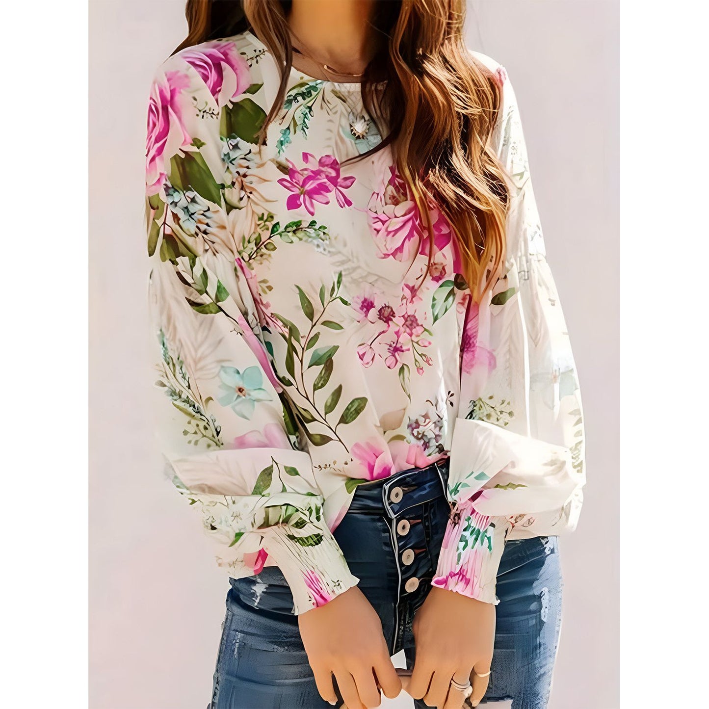 Printed Round Neck Lantern Sleeve Blouse