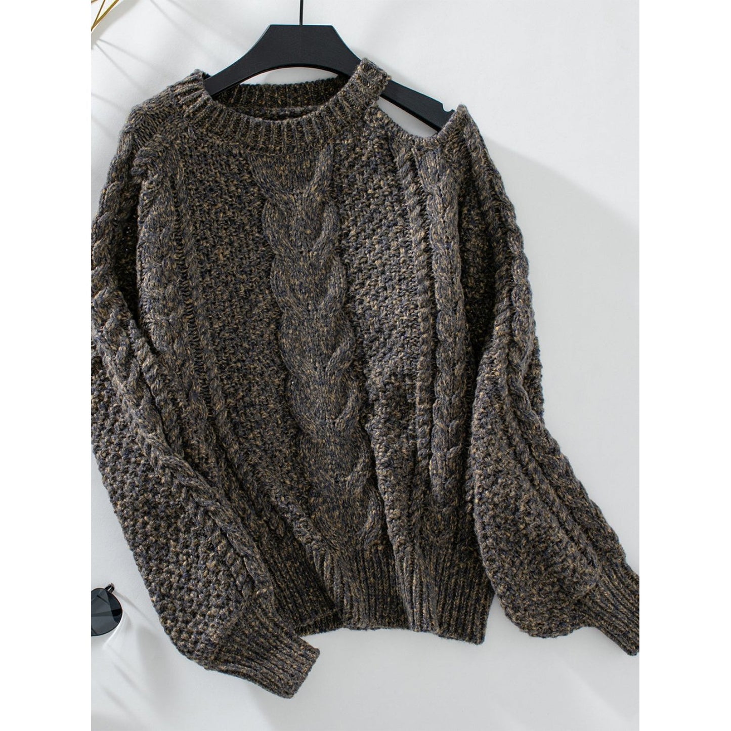 Cable Knit Round Neck Cold Shoulder Sweater