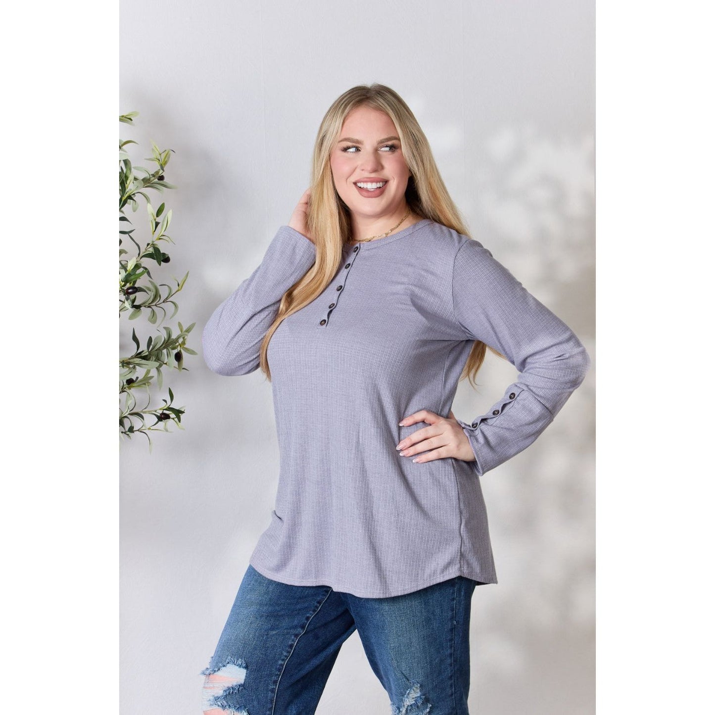 Heimish Full Size Texture Half Button Long Sleeve Top