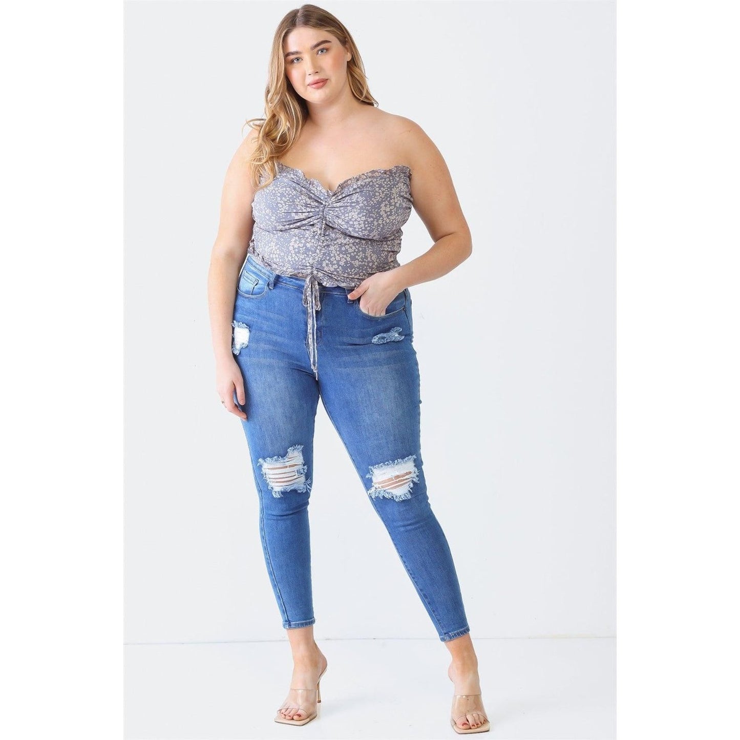 Zenobia Plus Size Drawstring Smocked Floral Tube Top