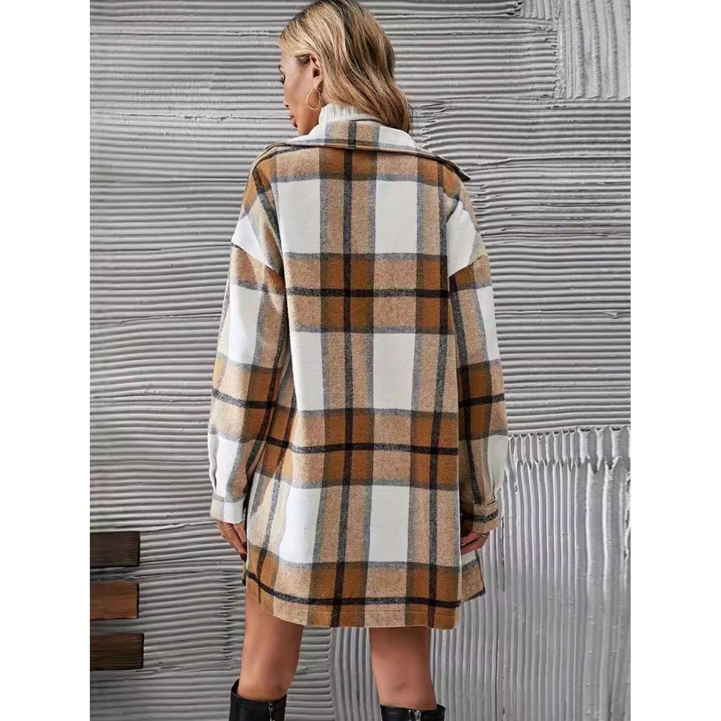 Plaid Button Up Long Sleeve Coat and Skirt Set