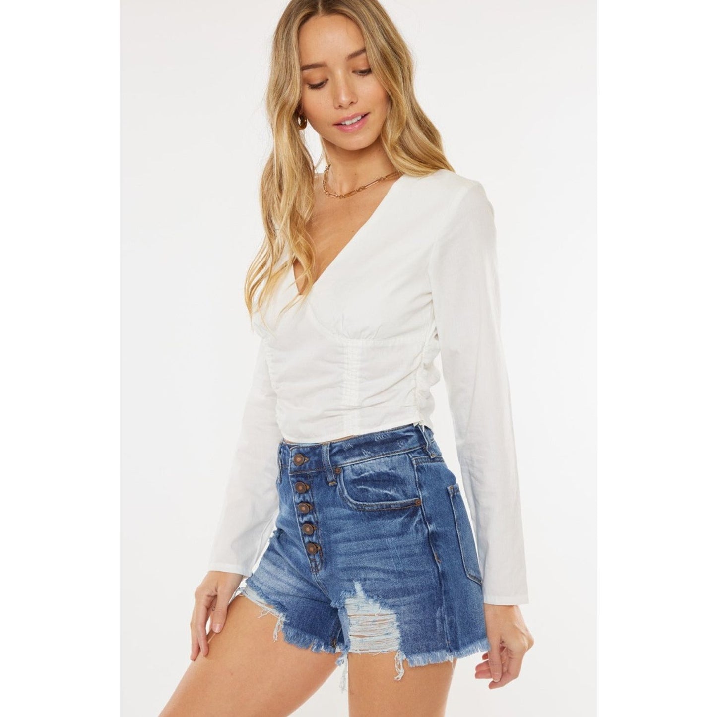 Kancan Distressed Button-Fly High Waist Denim Shorts