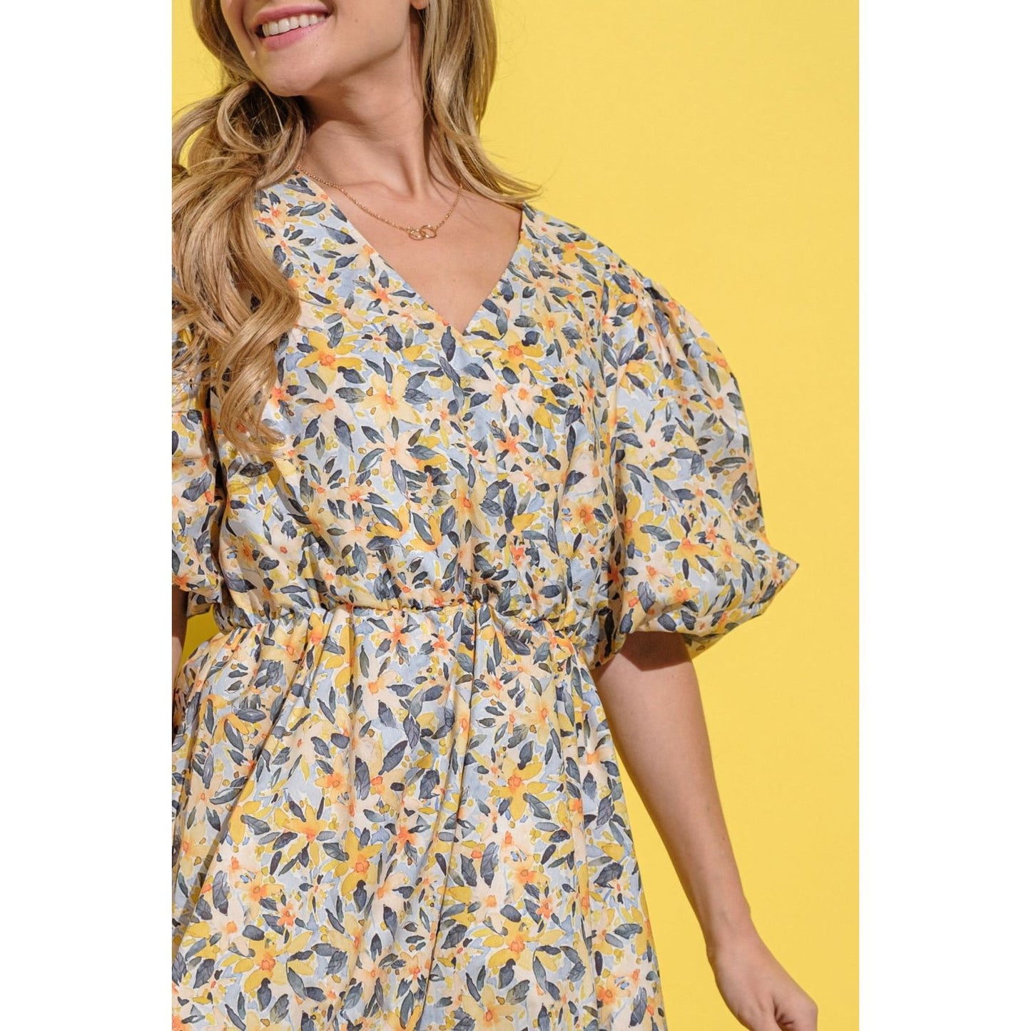 And The Why Full Size Floral Surplice Puff Sleeve Dress