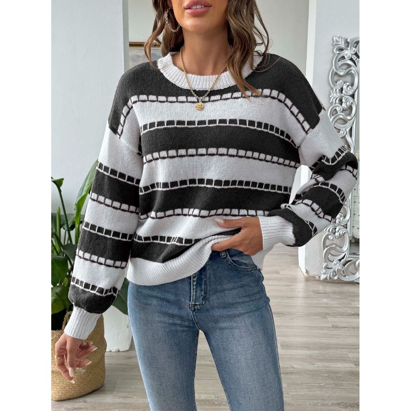 Striped Round Neck Long Sleeve Sweater