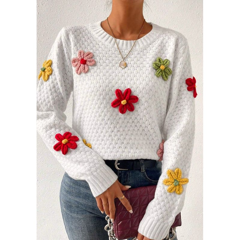 Crochet Flower Round Neck Long Sleeve Sweater