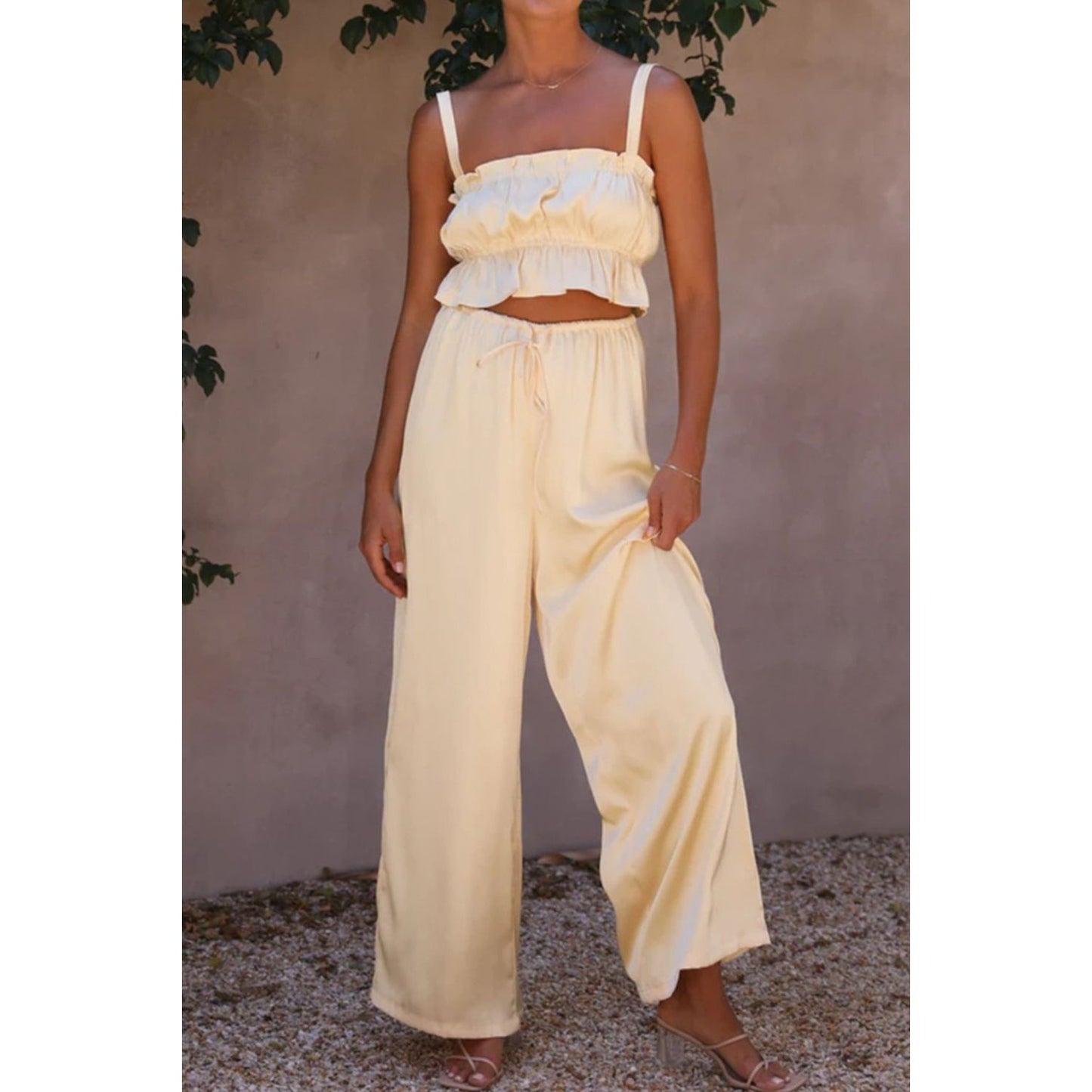 Ruffled Sleeveless Top and Wide Leg Pants Set