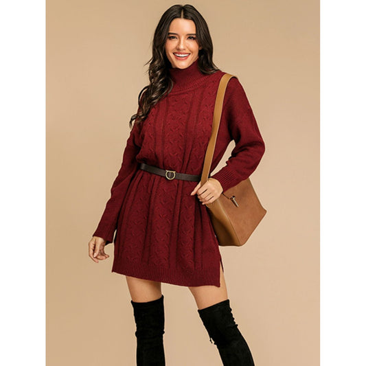 Perfee Slit Turtleneck Long Sleeve Mini Sweater Dress