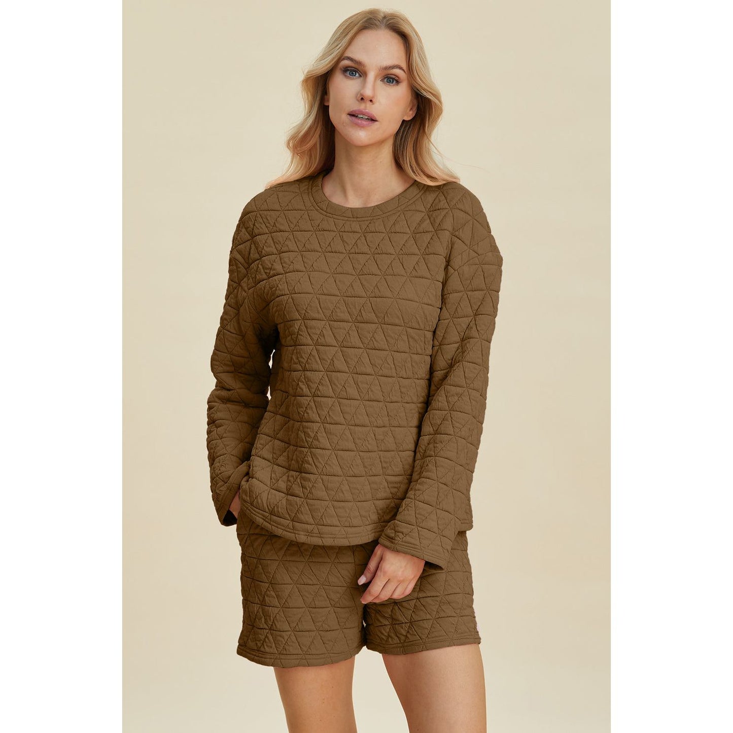 Double Take Full Size Texture Round Neck Long Sleeve Top and Shorts Set