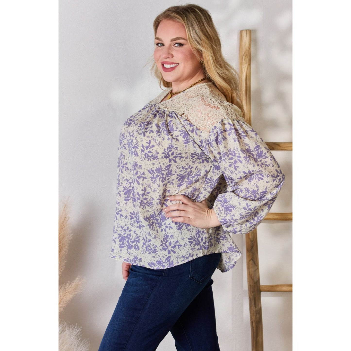 Hailey & Co Full Size Lace Detail Printed Blouse