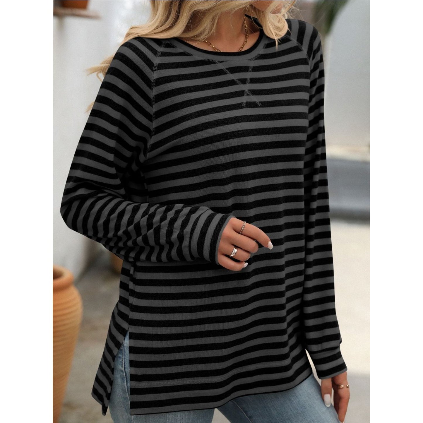 Mandy Striped Round Neck Long Sleeve T-Shirt