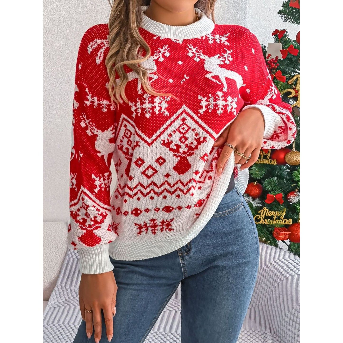 Christmas Element Round Neck Long Sleeve Sweater