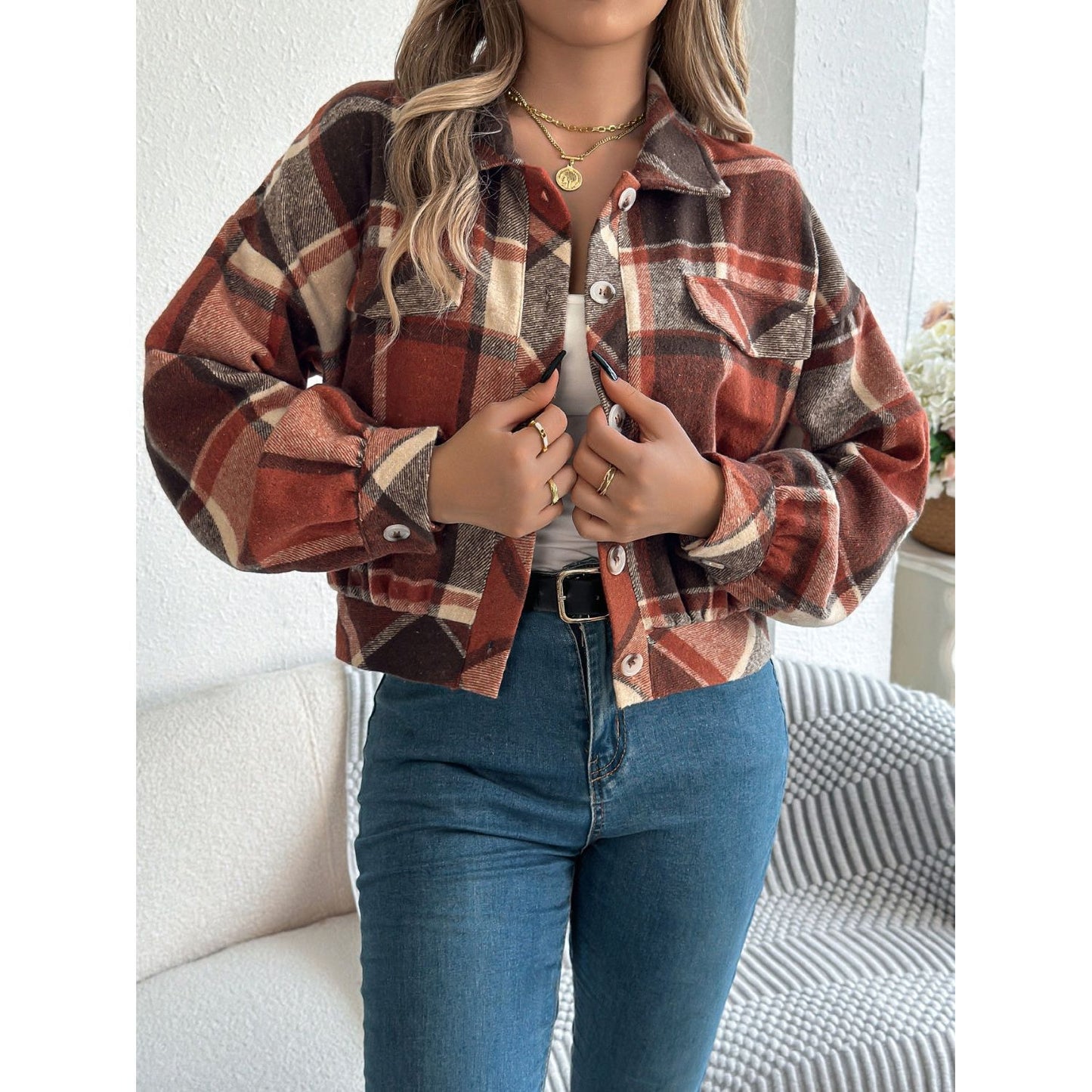 Plaid Button Up Long Sleeve Jacket