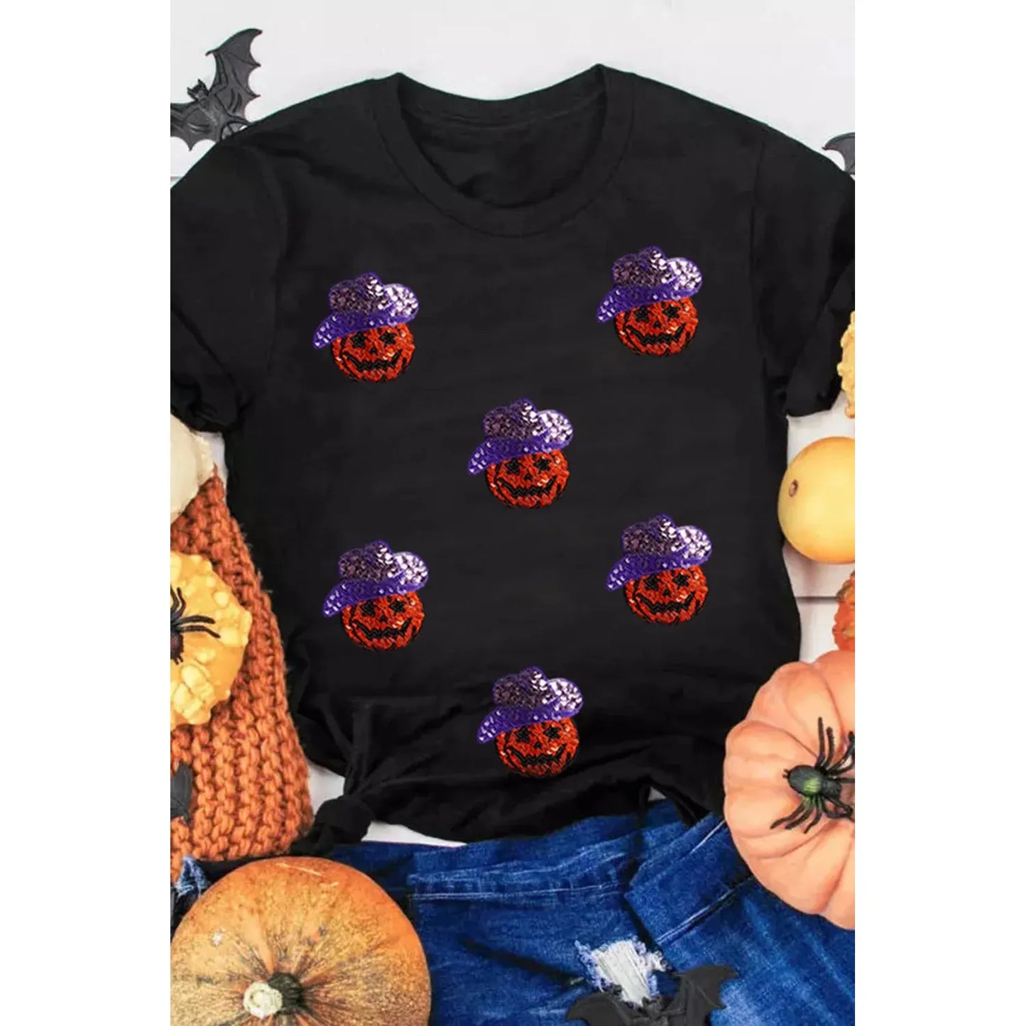 Sequin Pumpkin Round Neck Short Sleeve T-Shirt