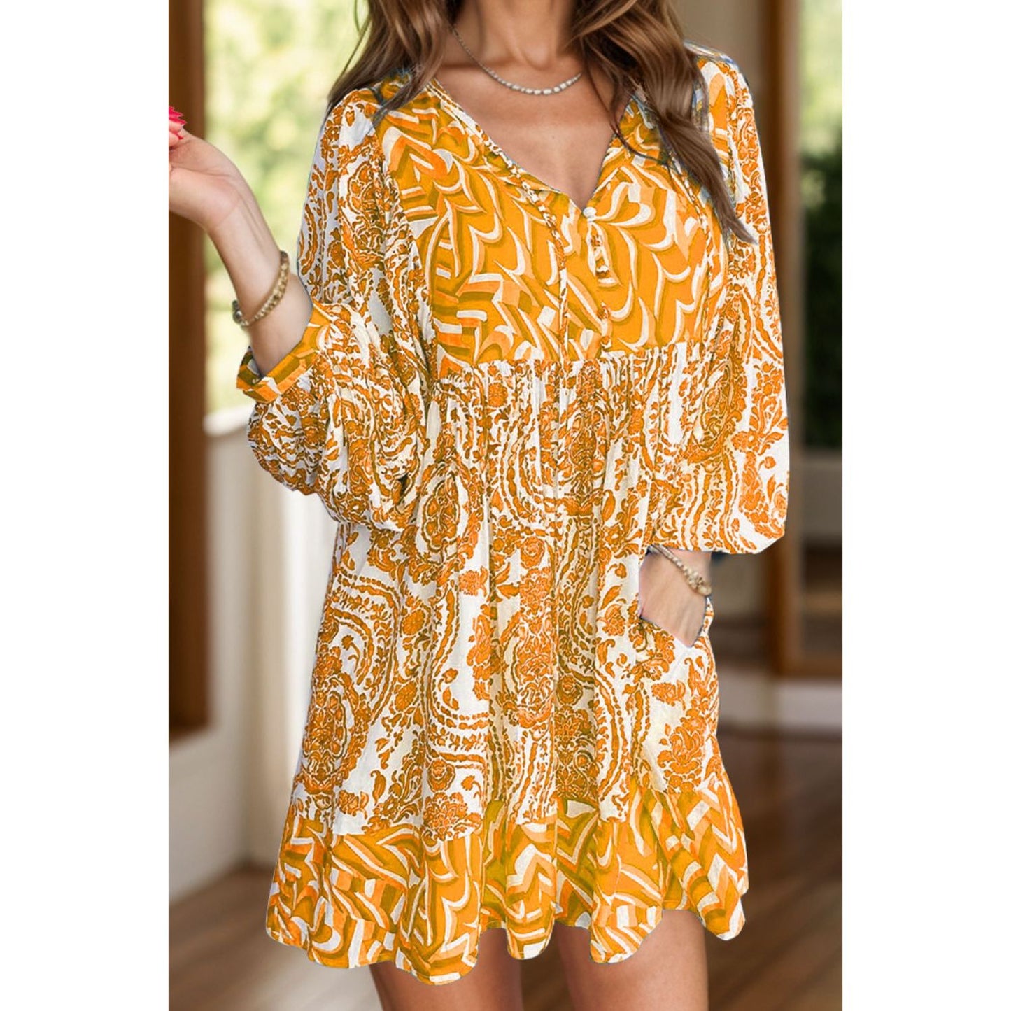 Printed Tie Neck Long Sleeve Mini Dress