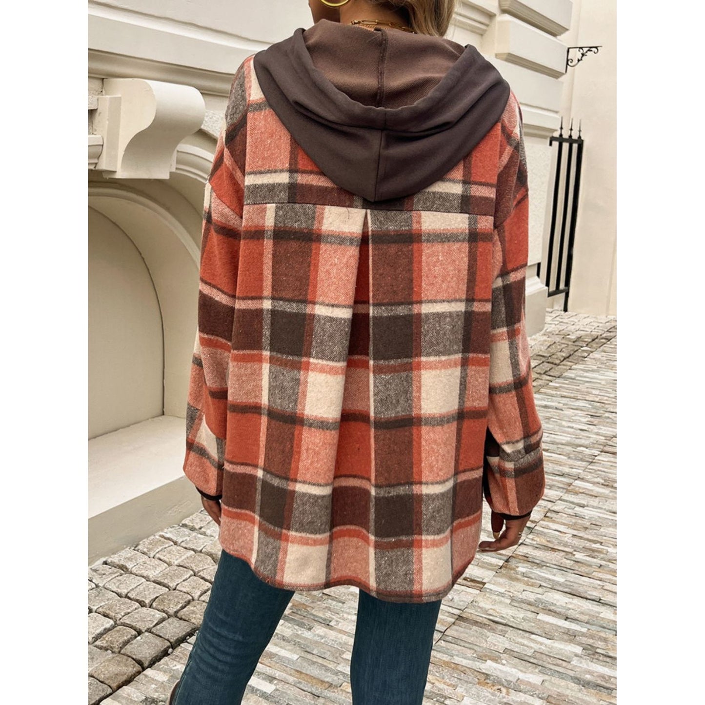 Devine Drawstring Plaid Long Sleeve Hoodie