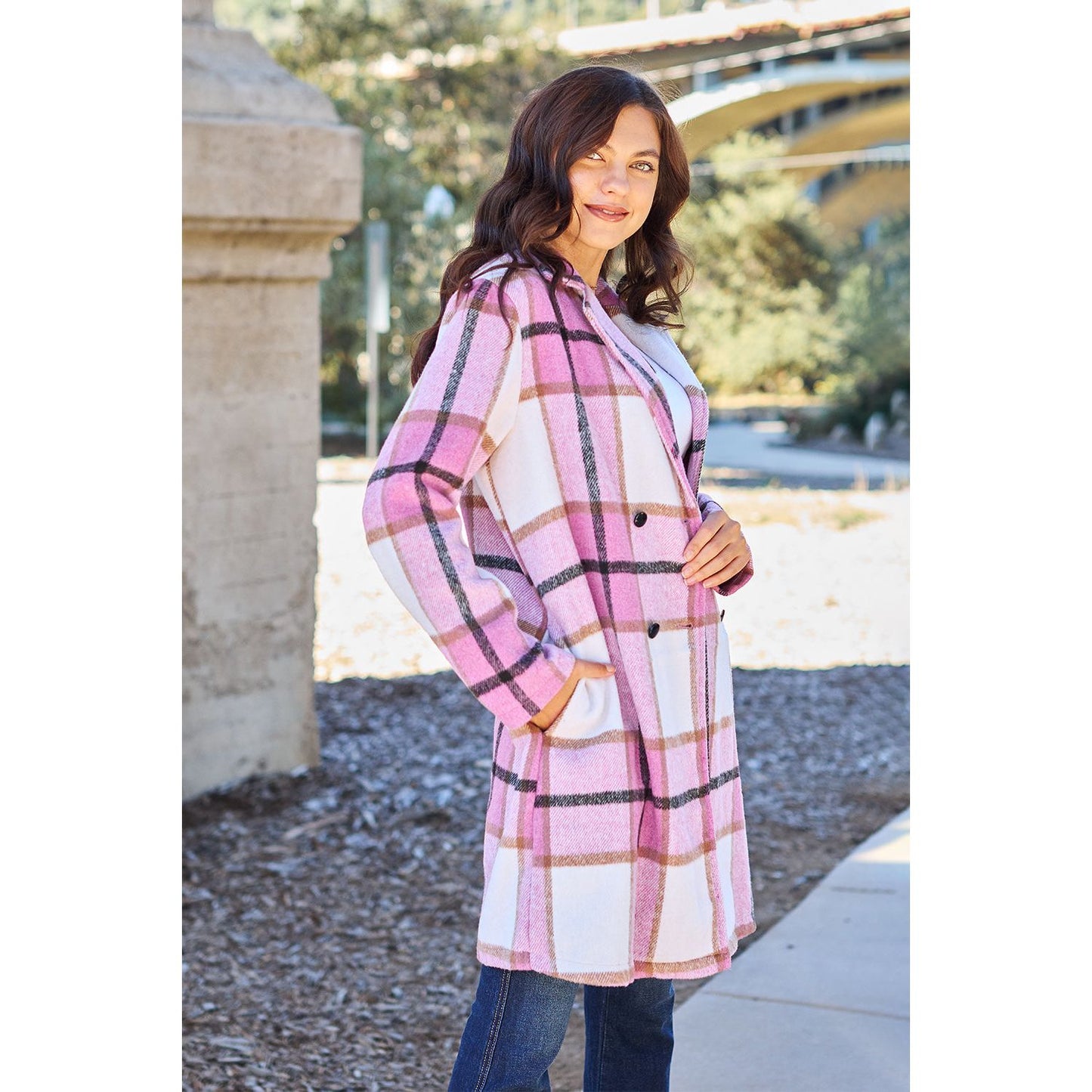 Double Take Full Size Plaid Button Up Lapel Collar Coat