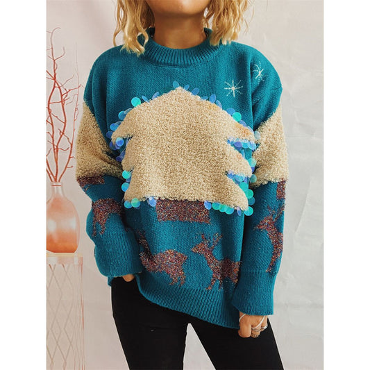 Sequin Christmas Tree & Reindeer Round Neck Sweater