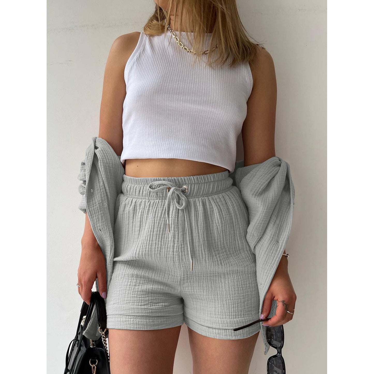 Texture Button Up Shirt and Drawstring Shorts Set