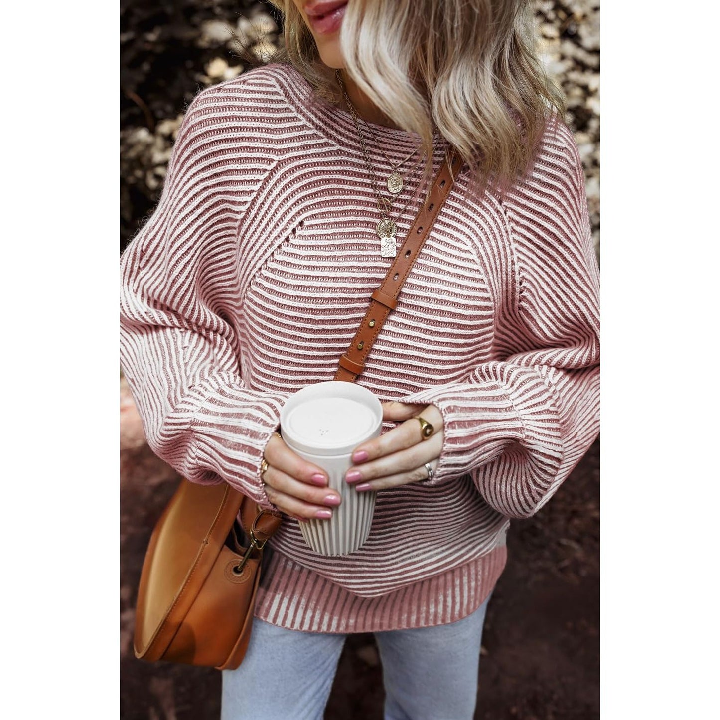 Textured Striped Round Neck Long Sleeve Top