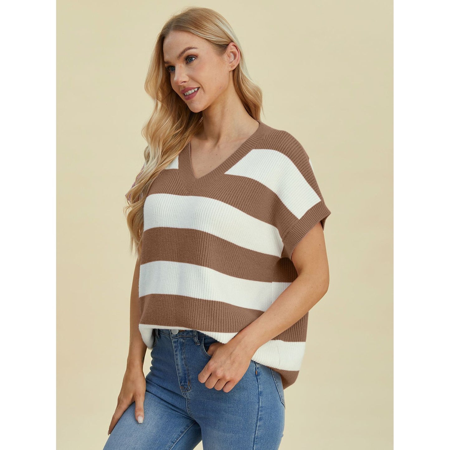 Double Take Full Size Striped V-Neck Short Sleeve Sweater