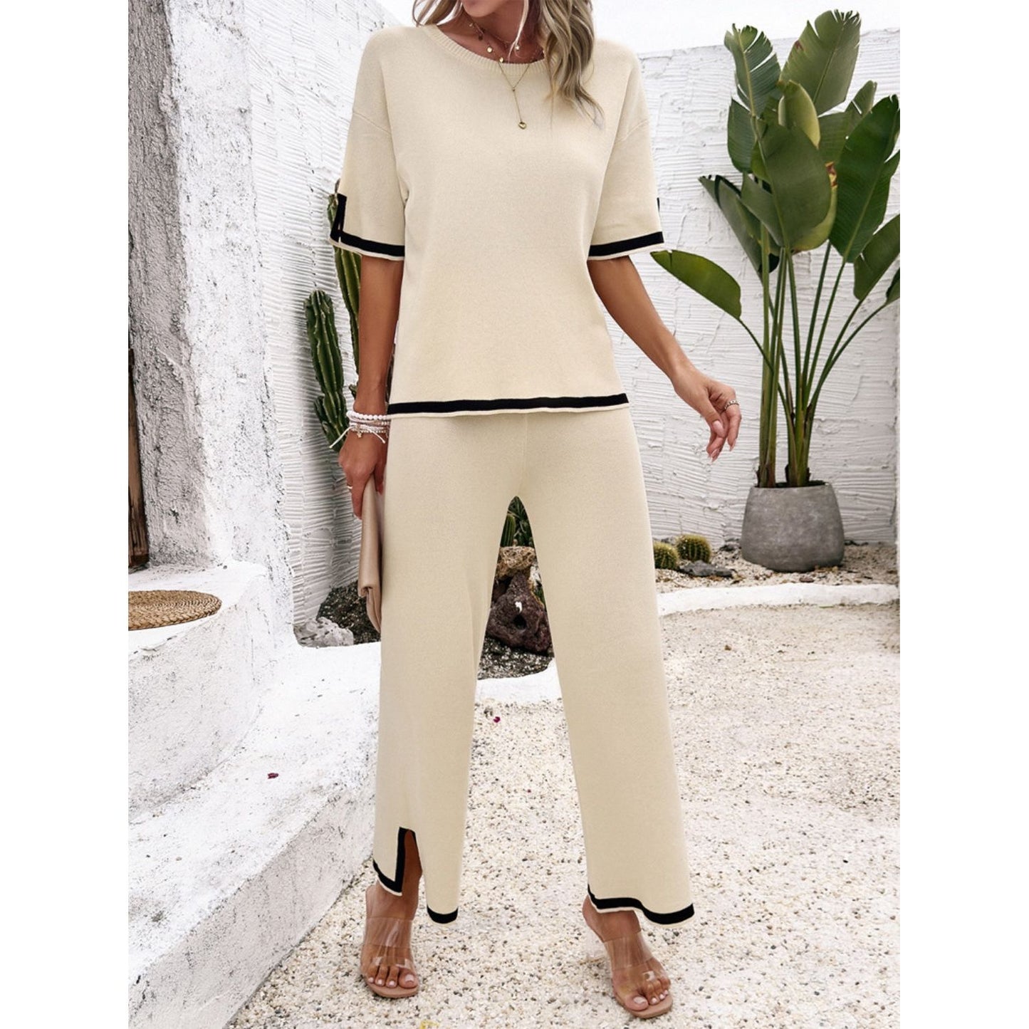 Contrast Trim Round Neck Top and Pants Set