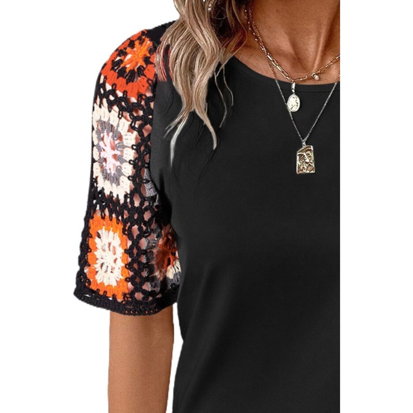 Geometric Round Neck Short Sleeve Blouse