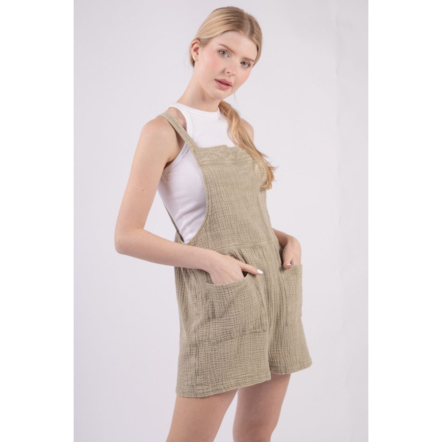 VERY J Sleeveless Double Gauze Overalls with Pockets