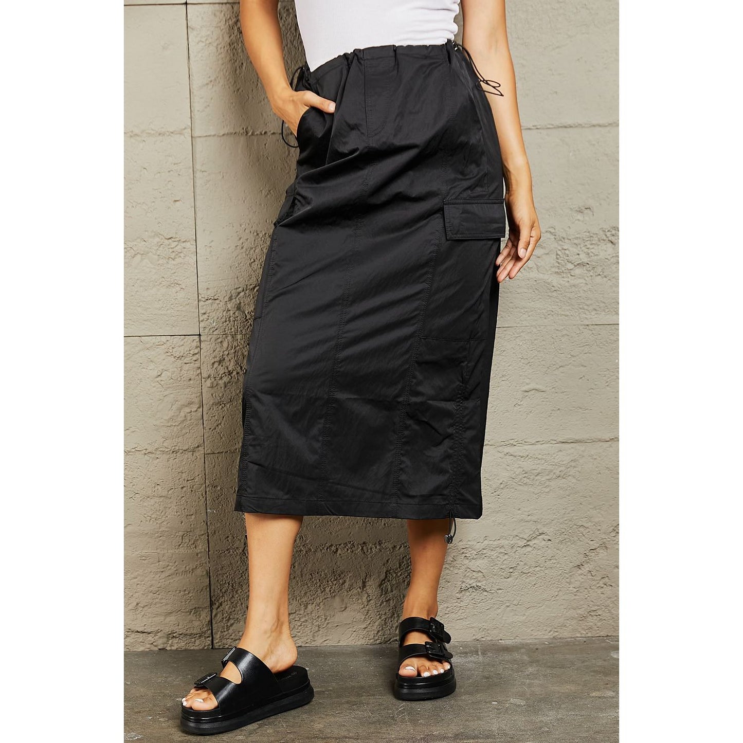 HYFVE Just In Time High Waisted Cargo Midi Skirt in Black