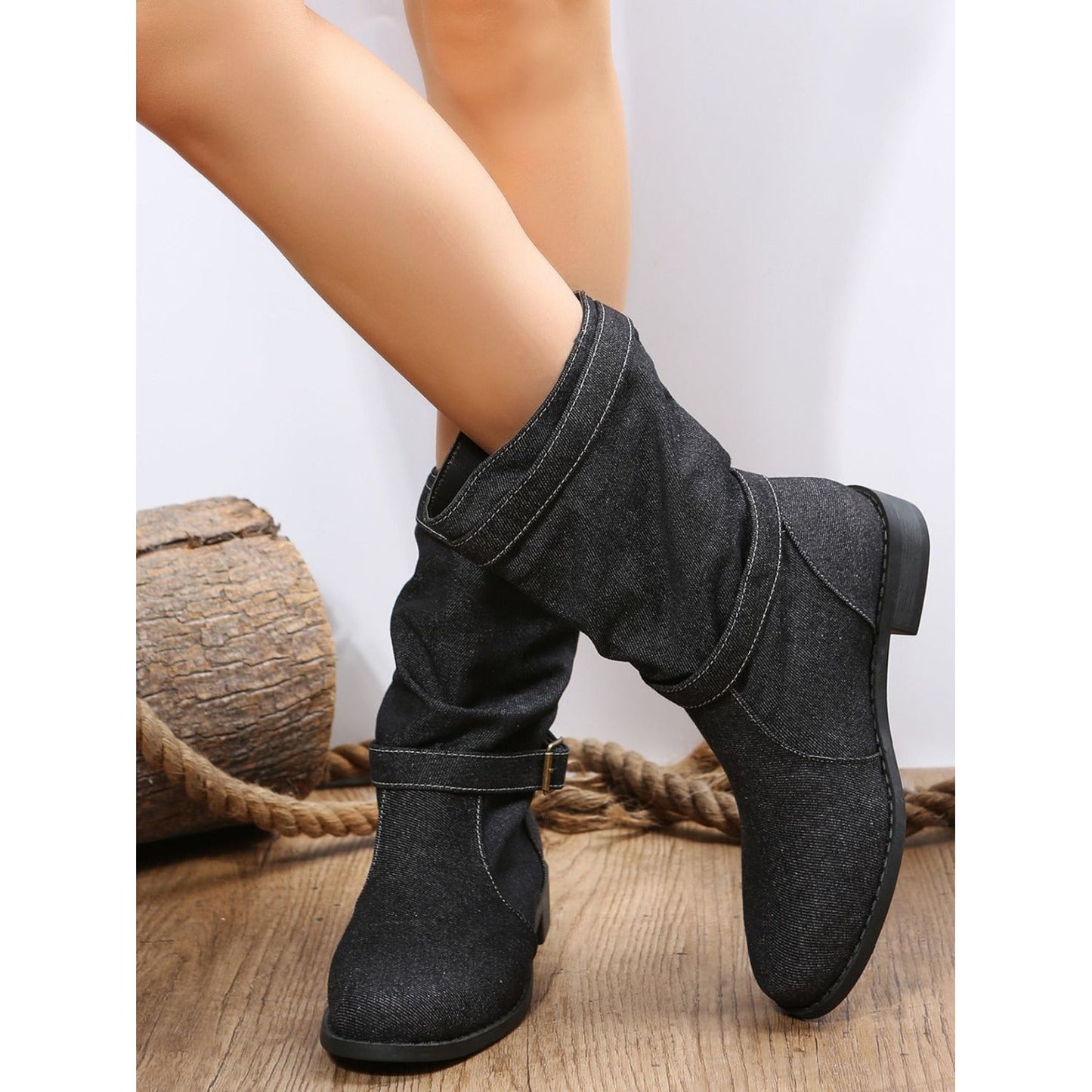 Double Buckle Block Heel Boots