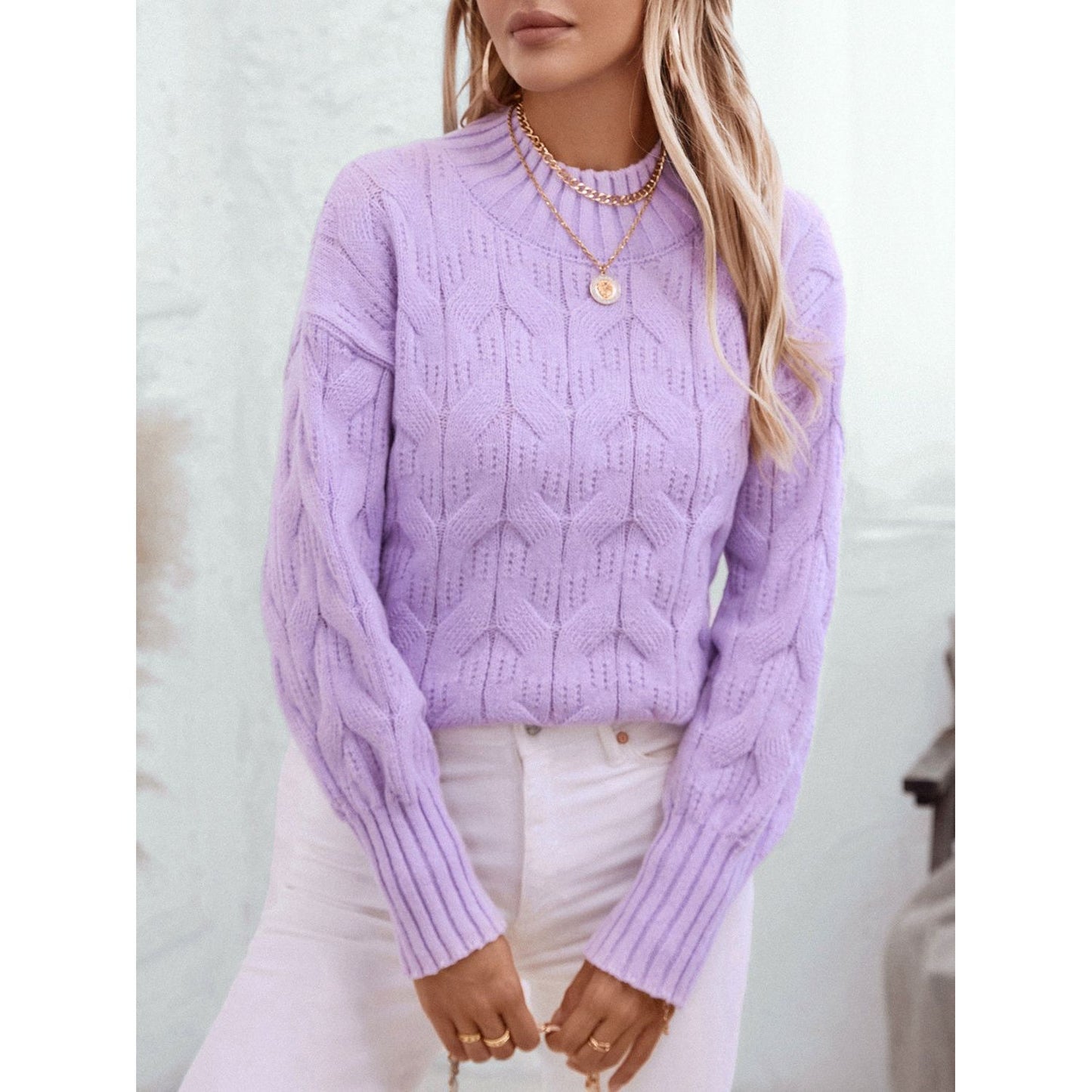 Cable Knit Mock Neck Long Sleeve Sweater