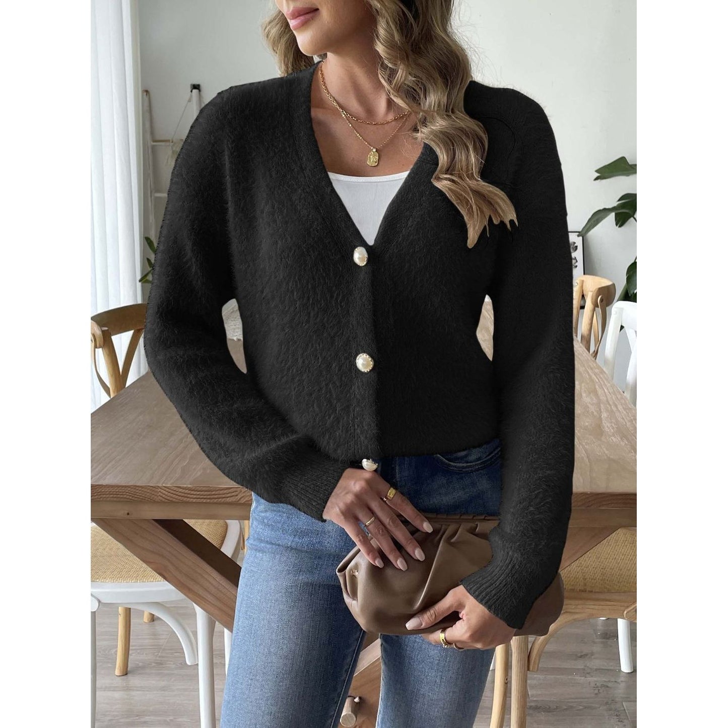 Button Up V-Neck Long Sleeve Cardigan