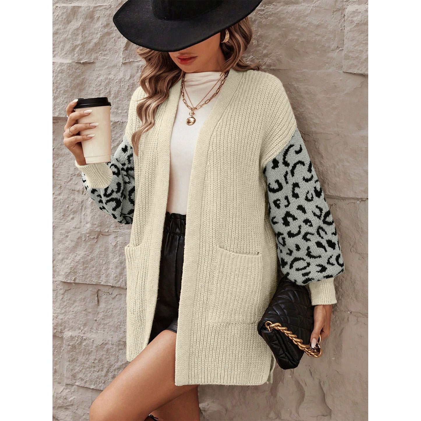 Pocketed Leopard Open Front Cardigan