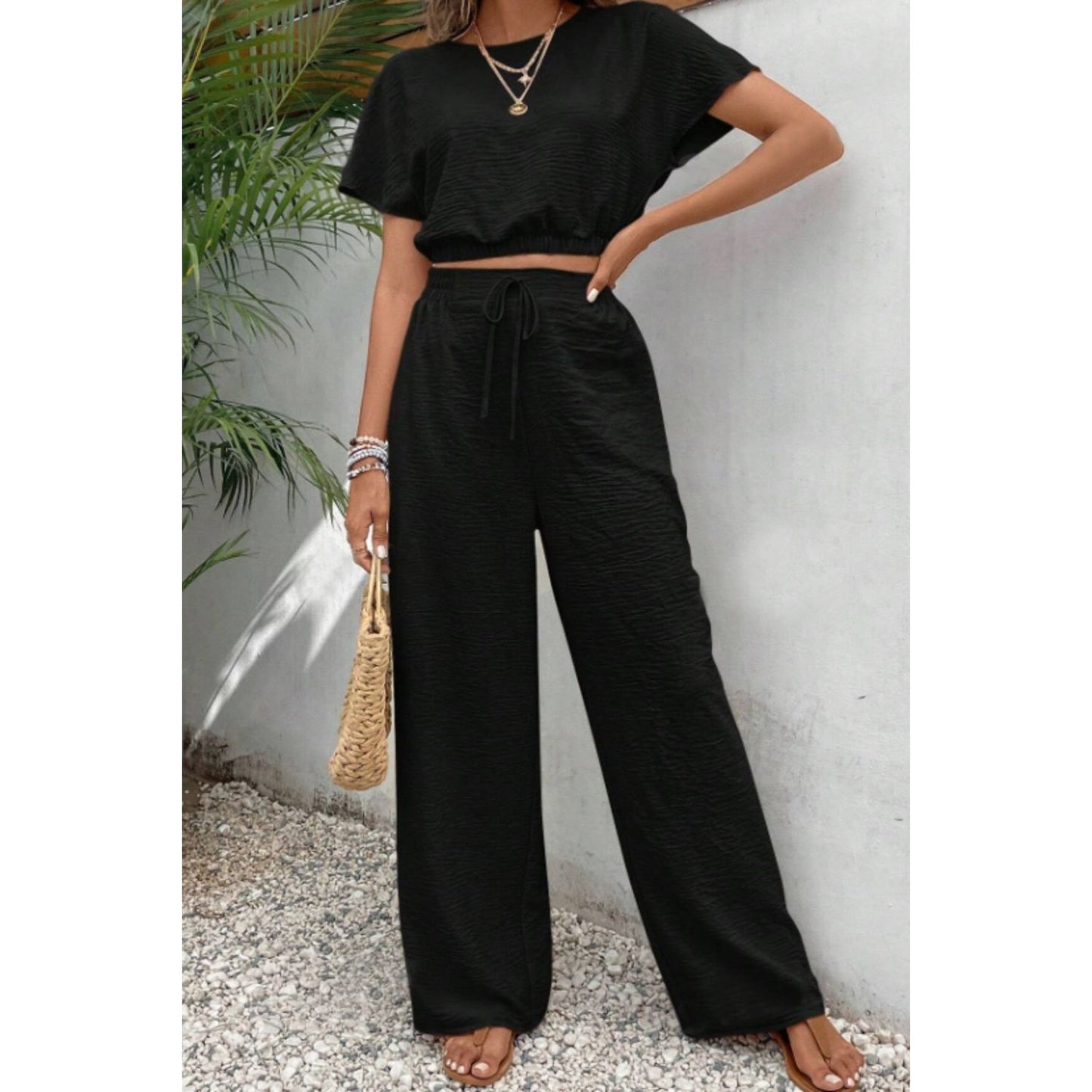 Round Neck Short Sleeve Top and Pants Set