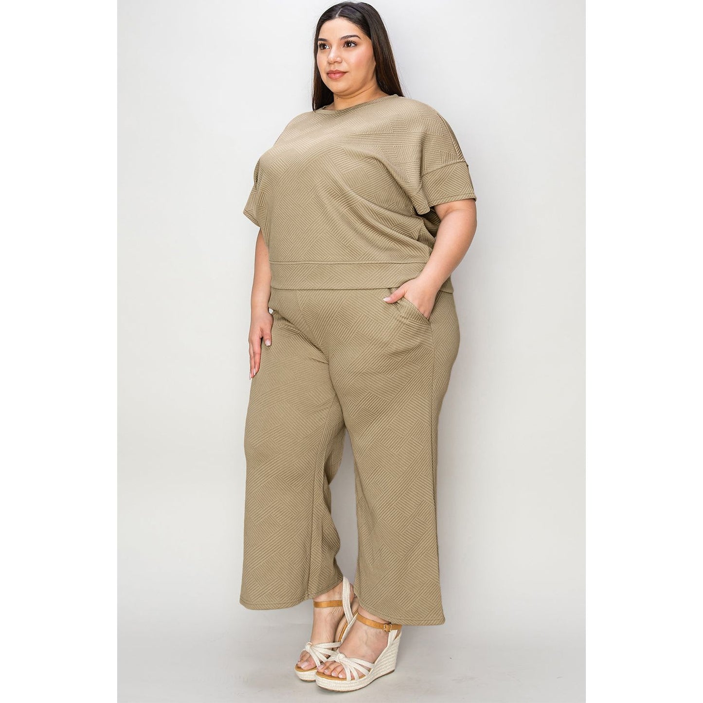 Double Take Full Size Texture Short Sleeve Top and Pants Set