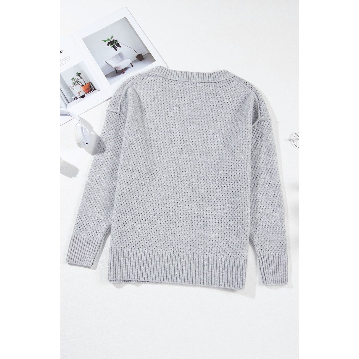 Openwork V-Neck Dropped Shoulder Sweater