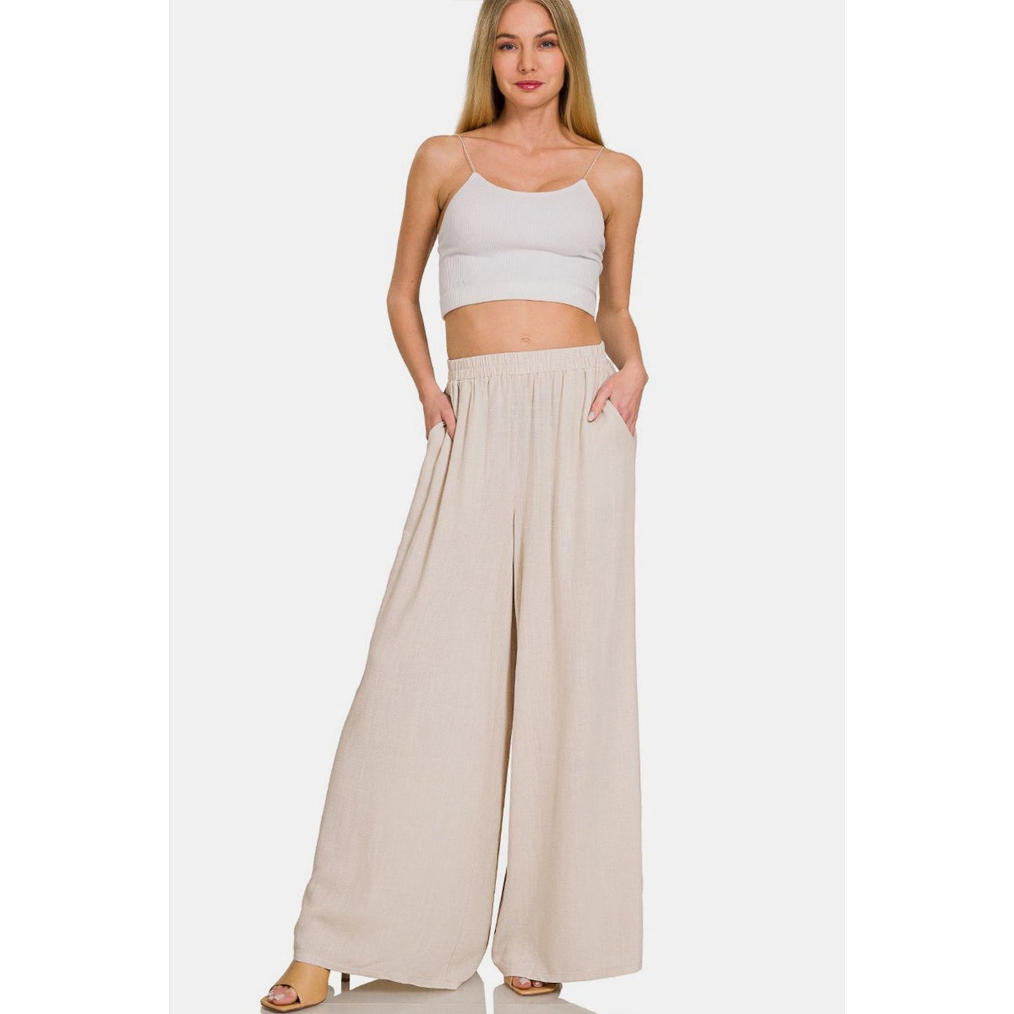 Zenana Pleated Linen Blend Wide Leg Pants