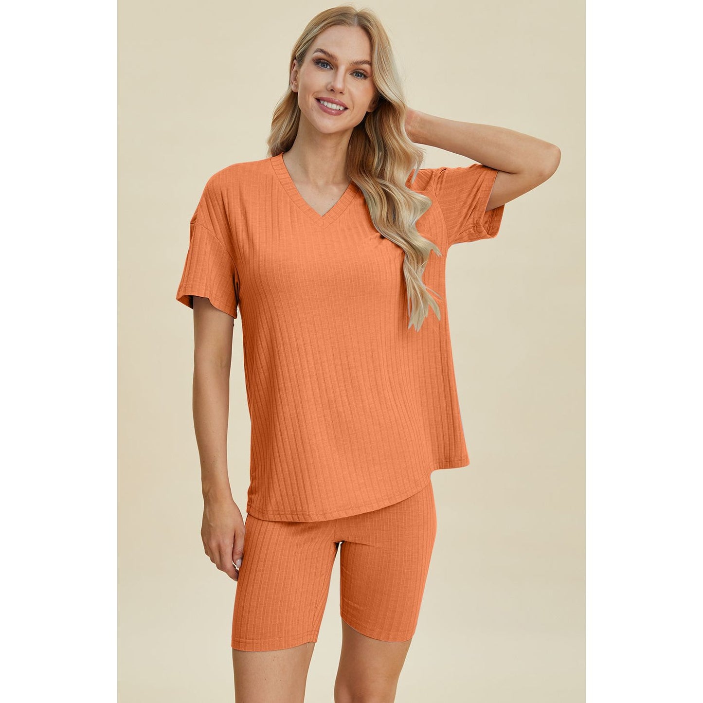 Basic Bae Full Size Ribbed V-Neck Short Sleeve Top and Shorts Set